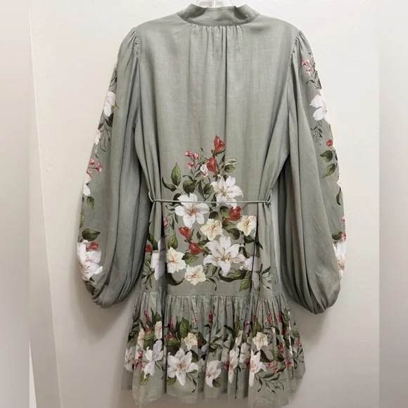 Camila Coelho Floral Mini Dress Blouson Sleeve Waist Tie Size Sage Green Size XS - Picture 3 of 11